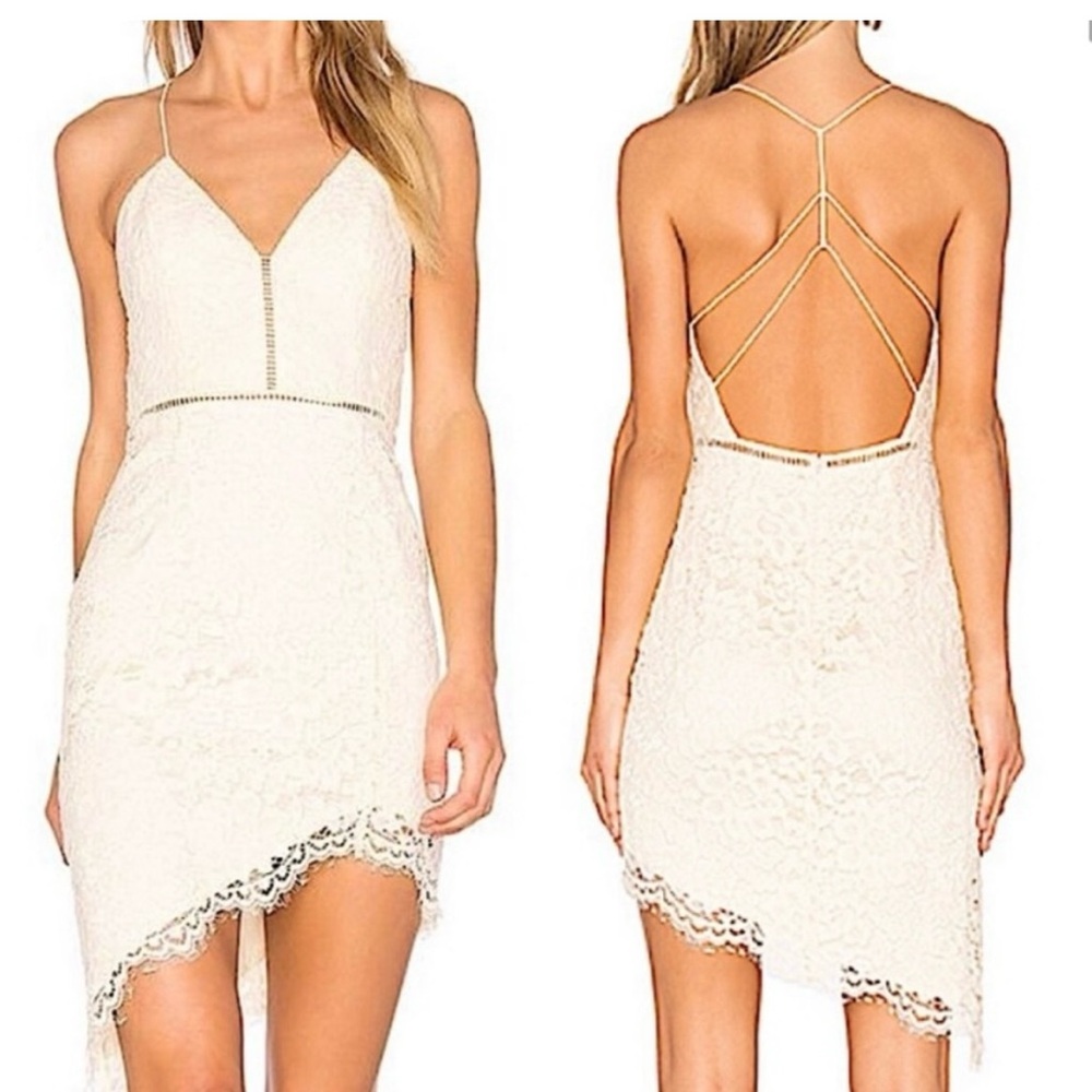 REVOLVE NBD Cream Lace Asymmetrical Dress